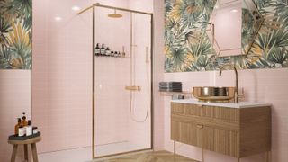 Pink bathroom scheme with pink tiled shower and tropical jungle wallpaper contrast and wood effect flooring