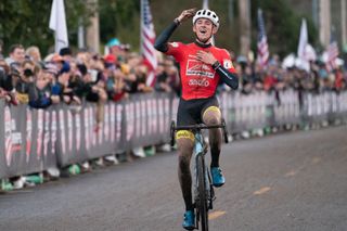 Gage Hecht (Donnely-Aevolo) wins the elite men's title at the USA Cycling Cyclo-cross Championships at Steilacoom Park, Washington