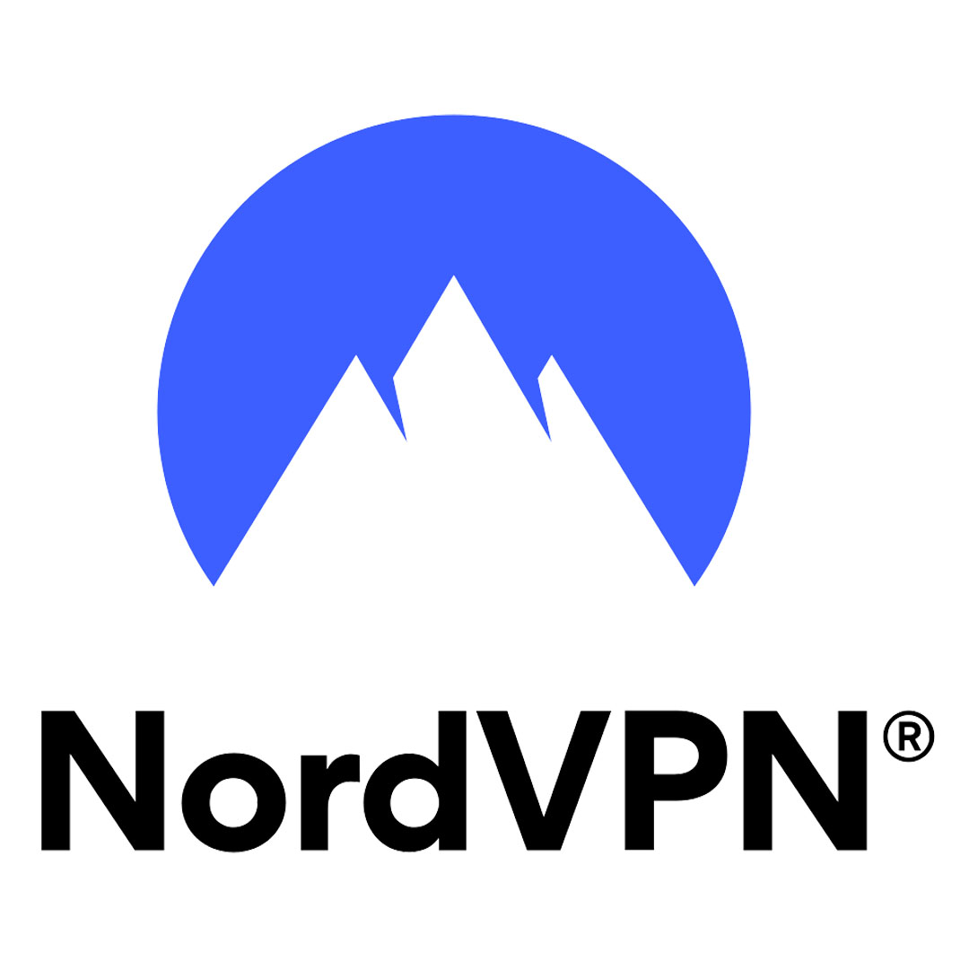 White background with black writing that says NordVPN with blue semi circle with white mountains in it on top