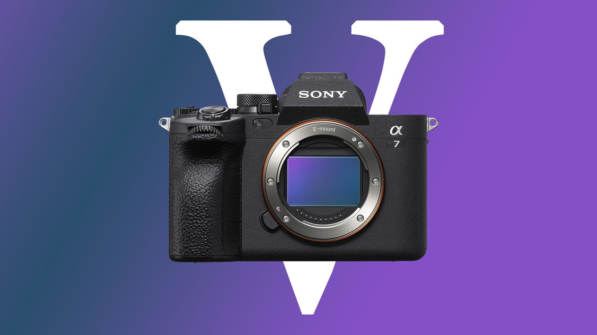 Sony A7 camera next to a large Roman numeral &quot;V&quot;