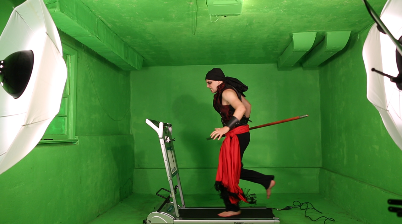 Green screen photos of a game being made