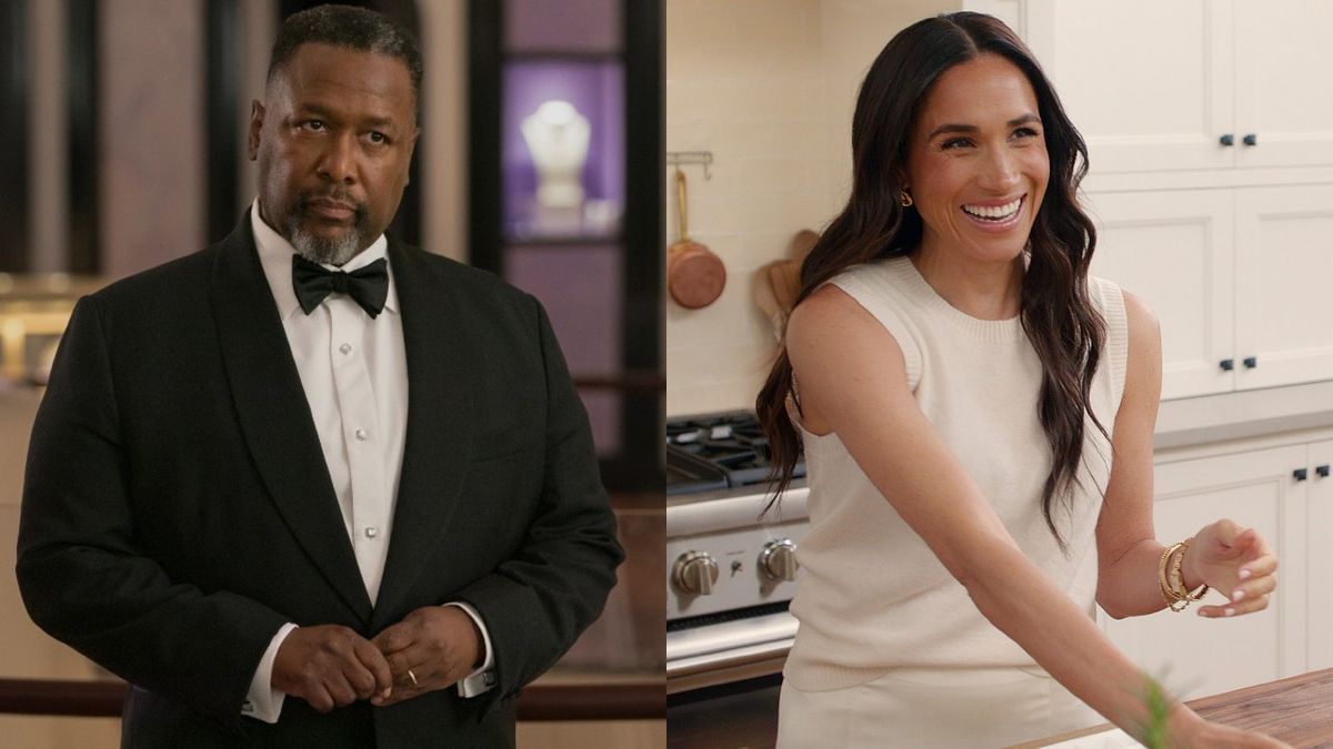 From left to right: Wendell Pierce as Captain Wagner looking serious in Elsbeth and Meghan Markle smiling in With Love, Meghan.