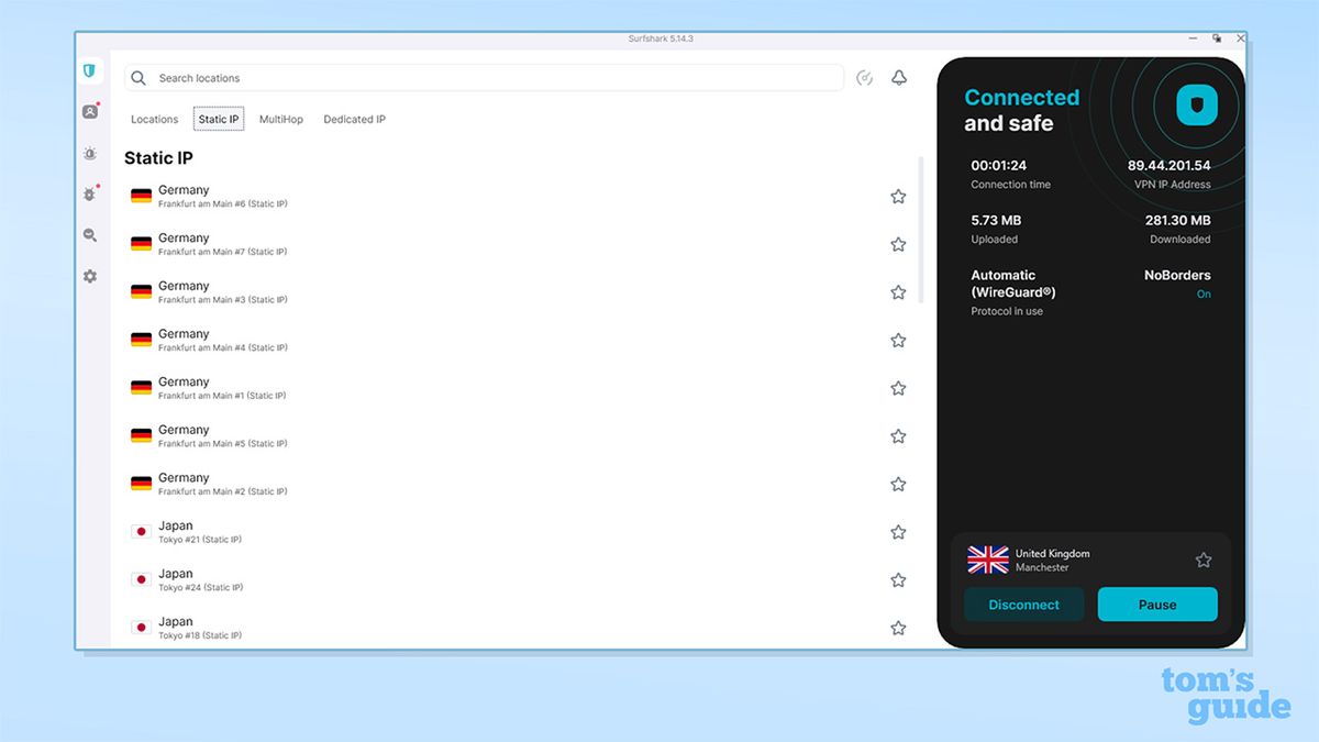 Surfshark's static IP tab on its Windows app. There is a list of servers which offer static IP, including seven in Frankfurt, Germany and three in Tokyo, Japan.