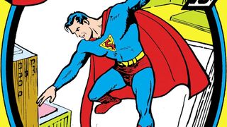 Superman soaring over Metropolis on the cover of 1939's Superman #1