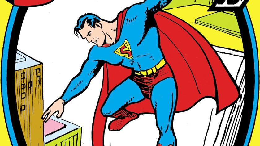 Superman soaring over Metropolis on the cover of 1939&#039;s Superman #1