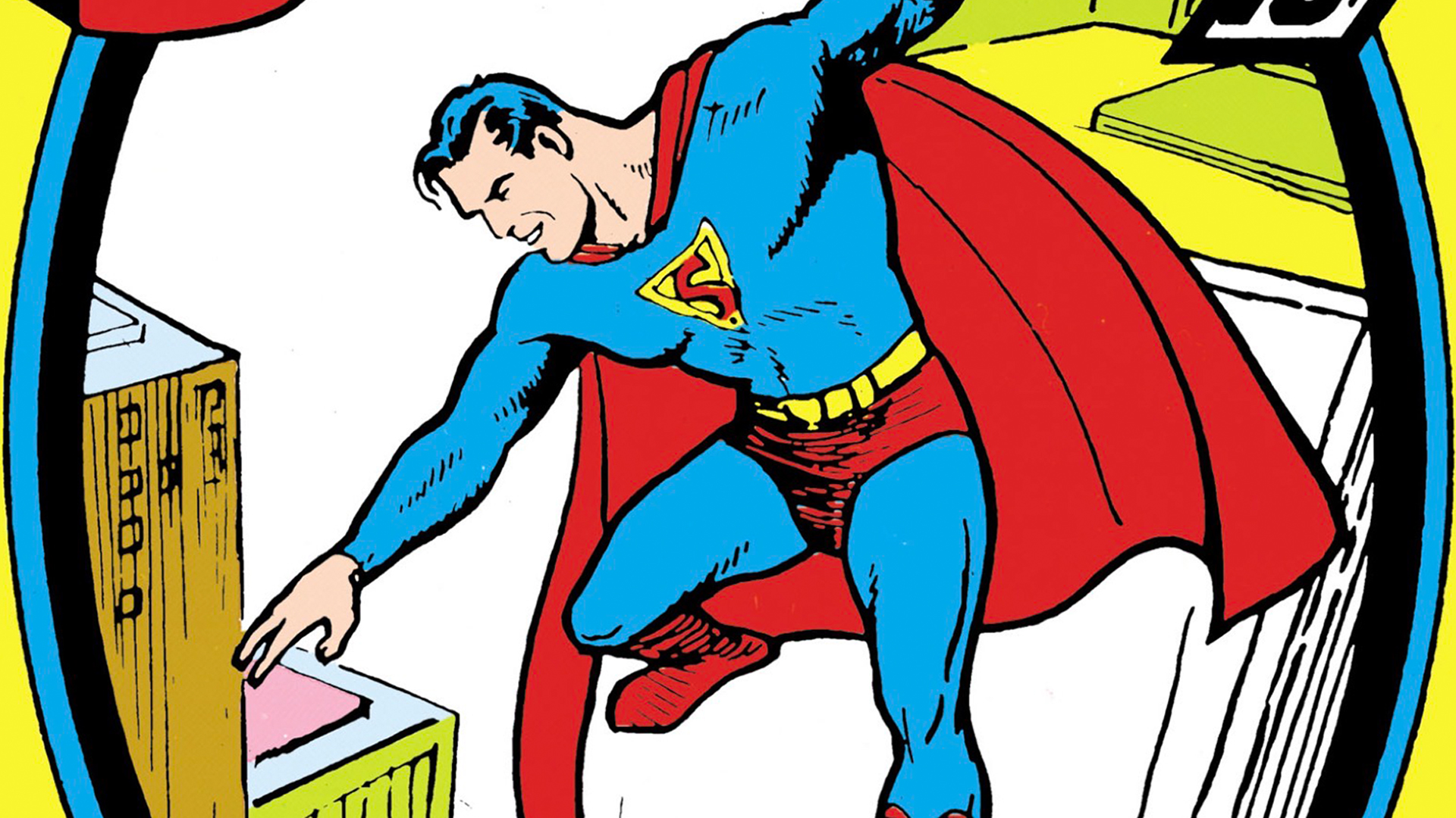 Superman soaring over Metropolis on the cover of 1939&#039;s Superman #1