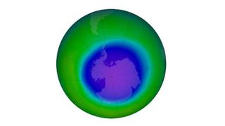 The false-color view of the monthly-averaged total ozone over the Antarctic pole for October 2022. The blue and purple colors are where there is the least ozone. The false-color view of the monthly-averaged total ozone over the Antarctic pole for October 2022. The blue and purple colors are where there is the least ozone.