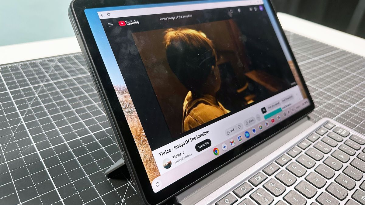 Angled shot of the Lenovo Chromebook Duet 11 Gen 9 playing a YouTube video.