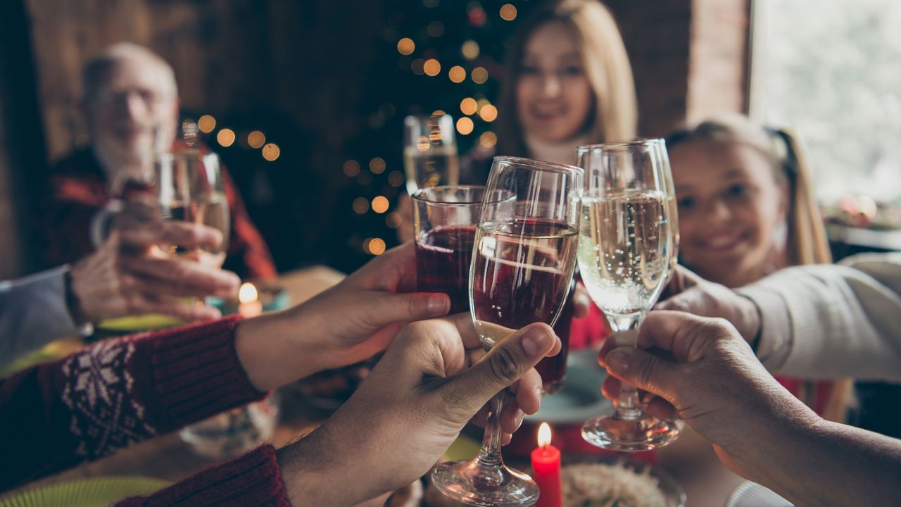 A family clinking champagne flutes at Christmas