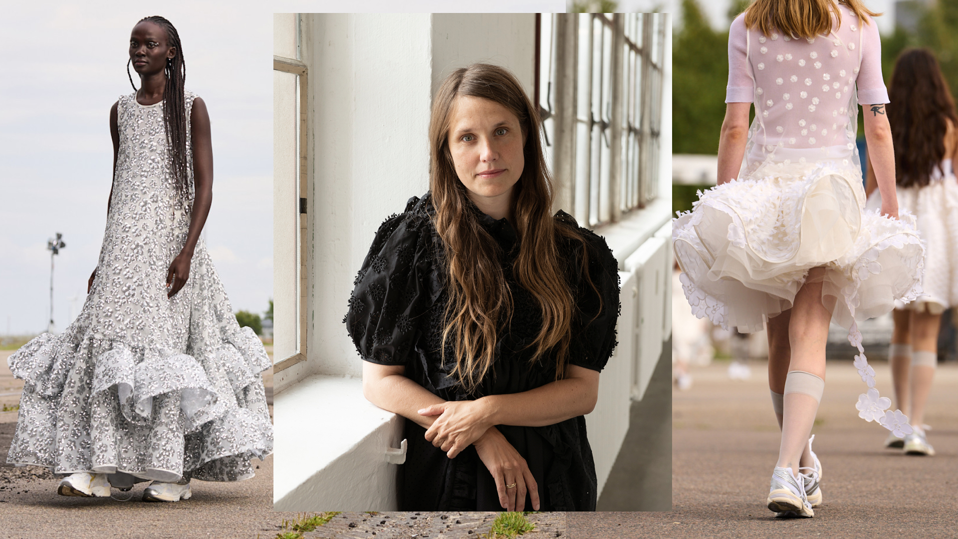 a collage of Cecilie Bahnsen in her studio with pieces from her new collection at Copenhagen Fashion Week