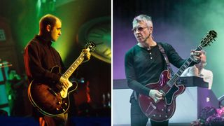 Paul "Bonehead" Arthurs plays his signature Epiphone Riviera [left], while Gem Archer plays his new Masterbilt Sheraton: Epiphone released the two signature Oasis guitars simultaneously—coincidentally or not, on the 30th anniversary of Wonderwall.