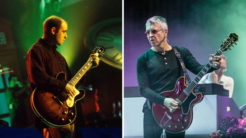 Paul &quot;Bonehead&quot; Arthurs plays his signature Epiphone Riviera [left], while Gem Archer plays his new Masterbilt Sheraton: Epiphone released the two signature Oasis guitars simultaneously—coincidentally or not, on the 30th anniversary of Wonderwall.
