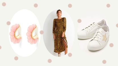 a collage image showing three of the products in the Oliver Bonas Black Friday sale, including earrings, a dress, and trainers