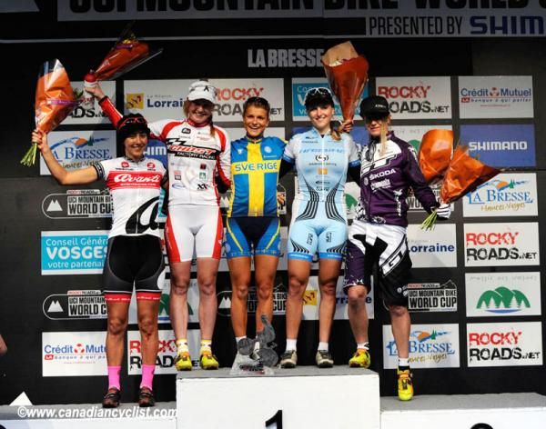 Elite women's La Bresse eliminator podium: Rowena Fry, Alexandra Engen, Jenny Rissveds, Kathrin Stirnemann, Cecile Ravanel