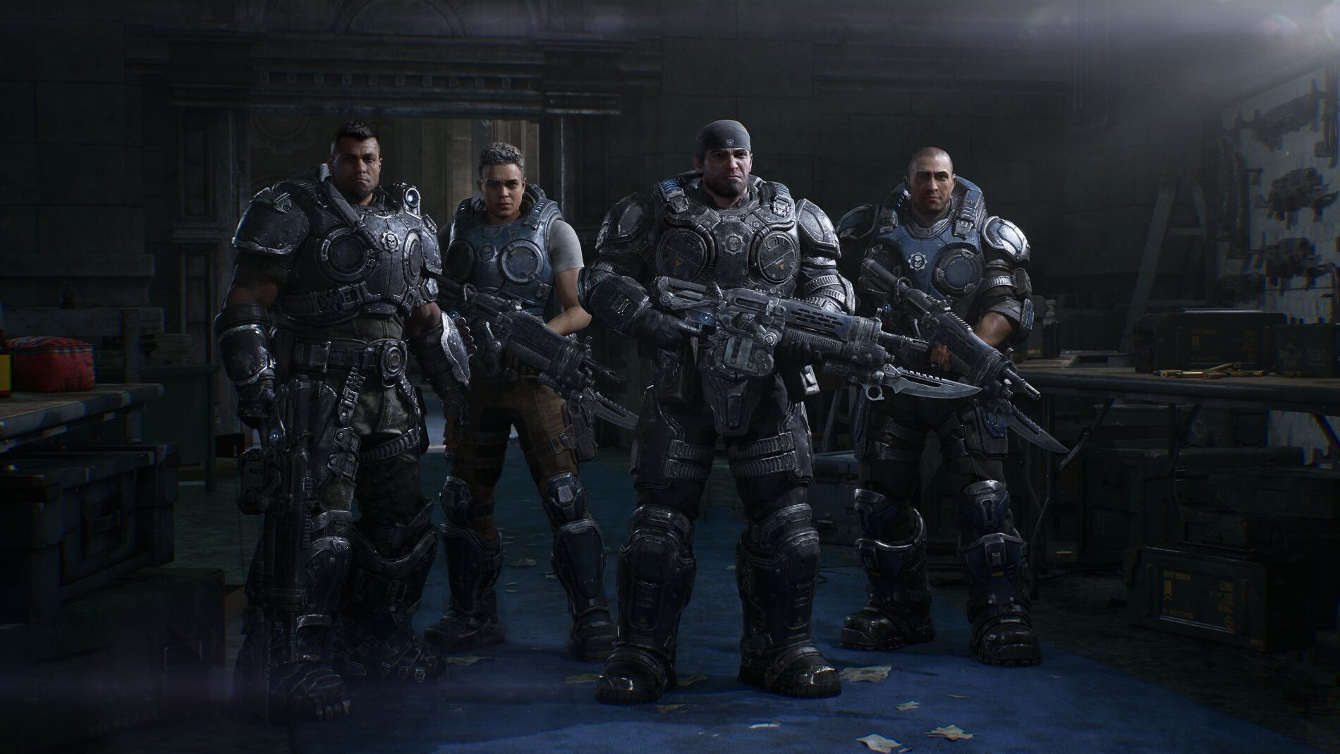 Screenshot from Gears of War: E-Day showing four soldiers in sci-fi armour