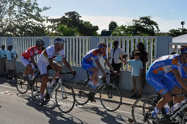 School children came out to greet Thor Hushovd and company as they passed by