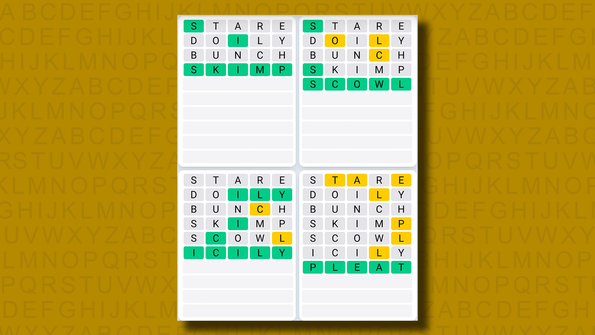 Respuestas de secuencia diaria de Quordle al juego n.° 818 sobre un fondo amarillo
