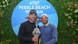Aaron Rodgers and Ben Silverman with the trophy after their 2023 Pebble Beach Pro-Am win