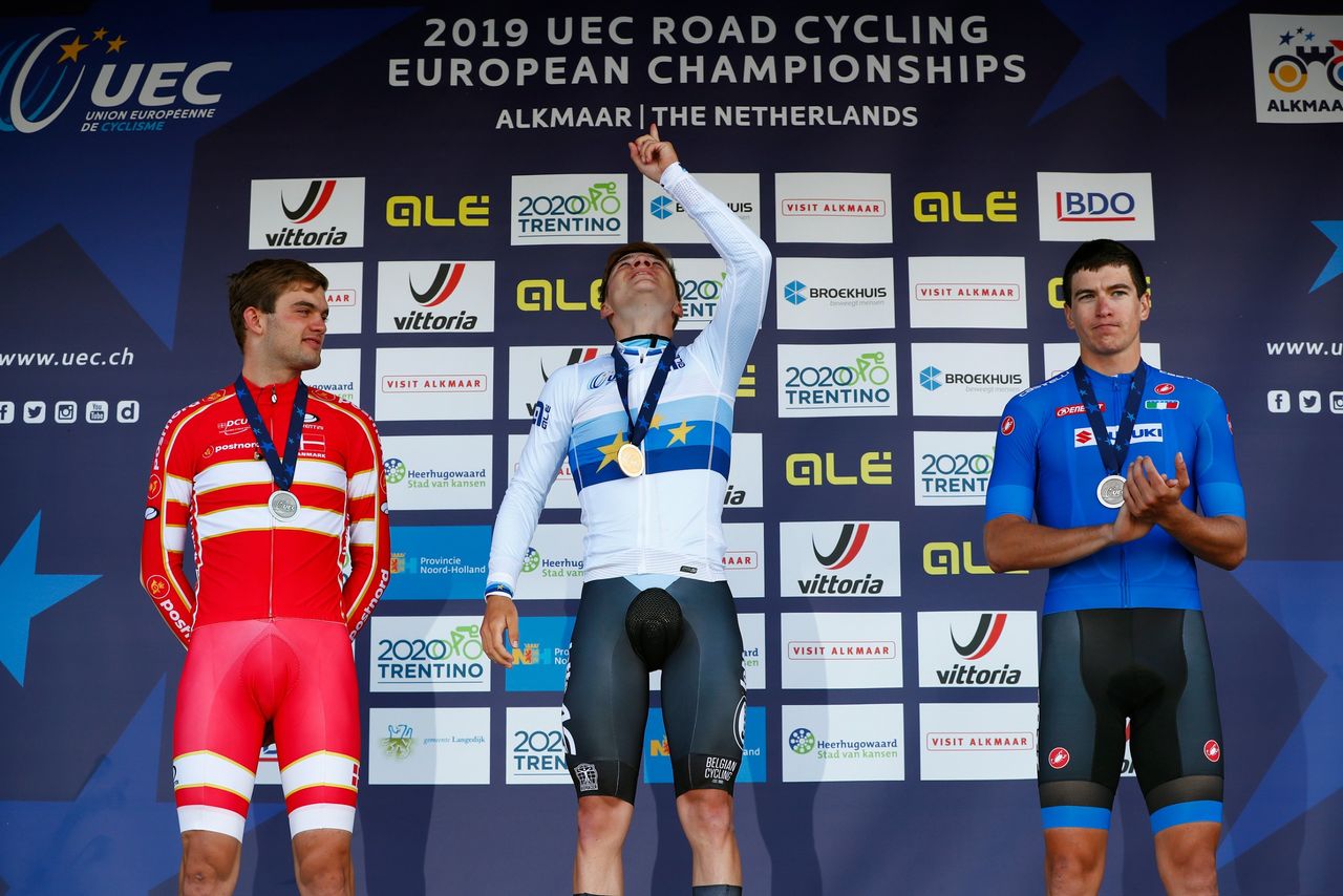 Kasper Asgrenn of Denmark Silver Medal / Remco Evenepoel of Belgium Gold Medal / Edoardo Affini of Italy Bronze Medal / Celebration / during the 25th UEC Road European Championships 2019 - Elite Men&rsquo;s Time Trial a 22,4km Individual Time Trial race from Alkmaar to Alkmaar / ITT / #EuroRoad19 / on August 08, 2019 in Alkmaar, Netherlands. (Photo by Bas Czerwinski/Getty Images)