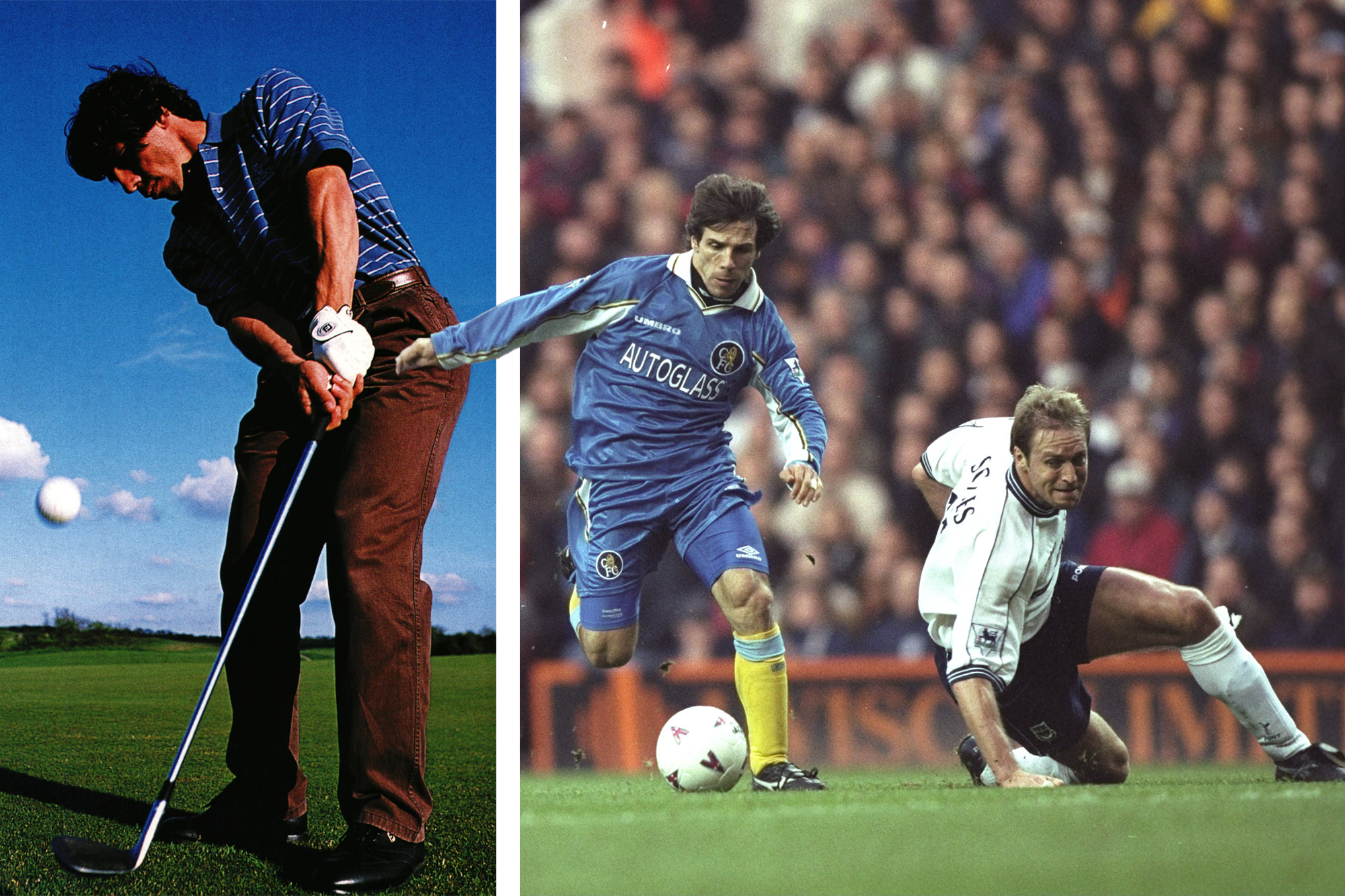 Gianfranco Zola hitting a golf shot next to an image of Gianfranco Zola playing football for Chelsea FC in the 1990s