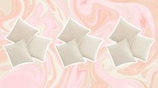 Beige throw pillows on pink background