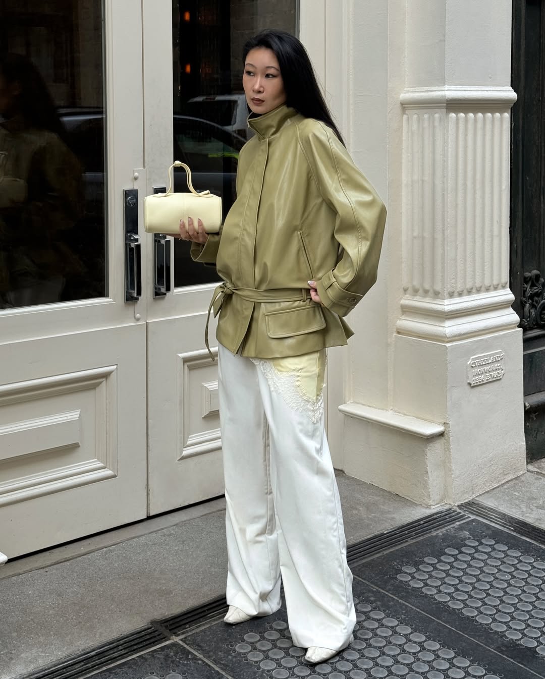 2026 colour combinations: Influencer Caroline Lin wearing sage and butter yellow.