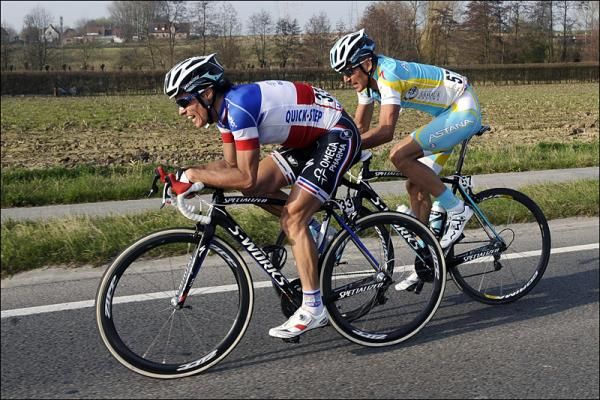 Sylvain Chavanel (Omega Pharma-Quickstep) and Dmitriy Muravyev (Astana) go for broke late in the race.