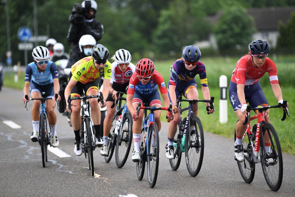 FRAUENFELD SWITZERLAND JUNE 05 Elisabeth DeignanArmitstead of United Kingdom and Team Trek Segafredo Marlen Reusser of Switzerland and Ale Btc Ljubljana Team Mikayla Harvey of New Zealand Elise Chabbey of Switzerland and Team Canyon SRAM Racing in the Breakaway during the 1st Tour de Suisse Women 2021 Stage 1 a 1143km stage from Frauenfeld to Frauenfeld tourdesuisse tds tdswomen on June 05 2021 in Frauenfeld Switzerland Photo by Tim de WaeleGetty Images