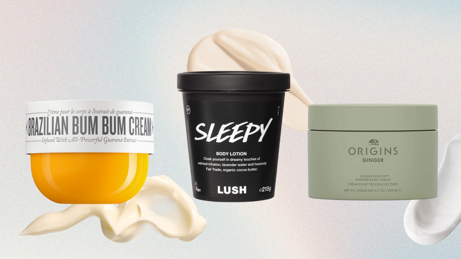 A collage of three of the best smelling body lotions in this guide, from Sol de Janeiro, LUSH and Origins - pictured on a blue, pink and yellow gradient background, with body lotion streaks and swatches on it.