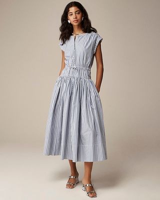 Drop-Waist Midi Dress in Striped Cotton Poplin