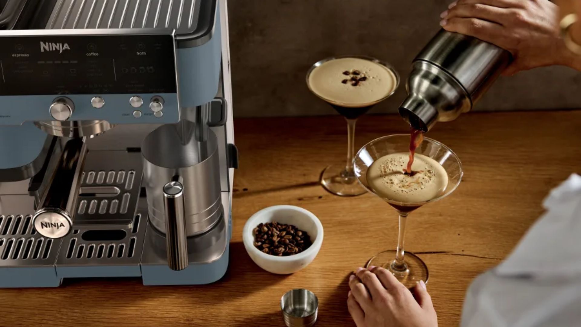 The Ninja Luxe Cafe in Trace Blue with espressos being poured