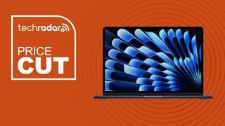 Apple 2026 MacBook Air 13-inch Laptop with M5 chip in midnight blue color on orange background with TechRadar price cut sign