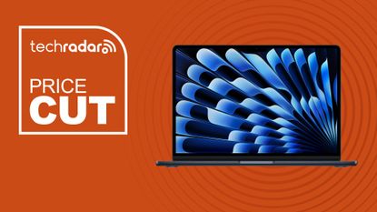 Apple 2026 MacBook Air 13-inch Laptop with M5 chip in midnight blue color on orange background with TechRadar price cut sign