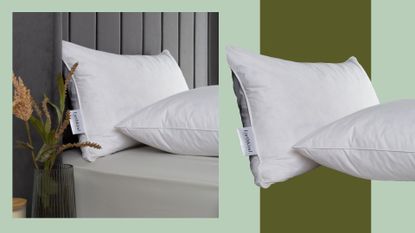 A composite image showing EarthKind Feather &amp; Down Support Pillows on a bed, and on their own