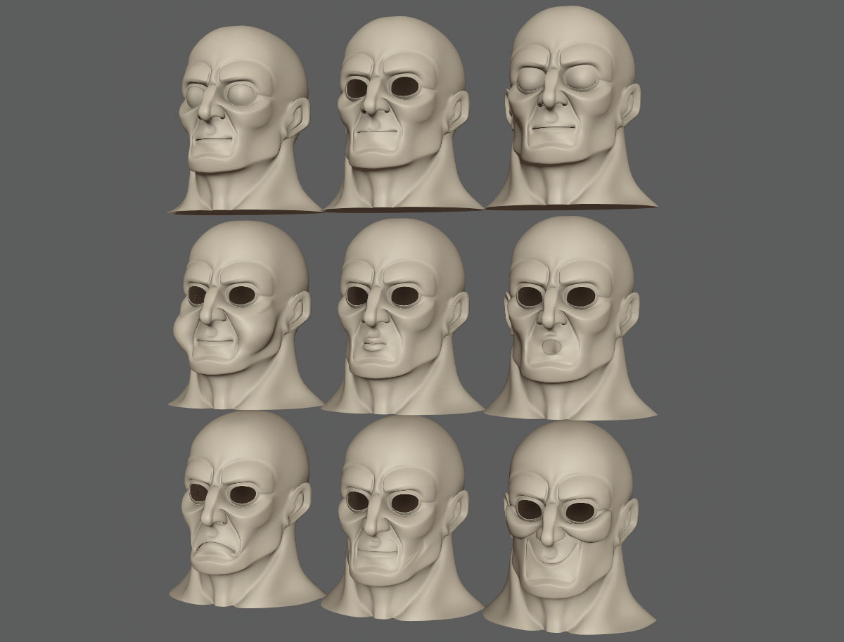 models of man's faces, with and without eyes