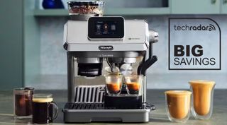 De'Longhi La Specialista Touch coffee machine on a counter, surrounded by full coffee-based drinks.