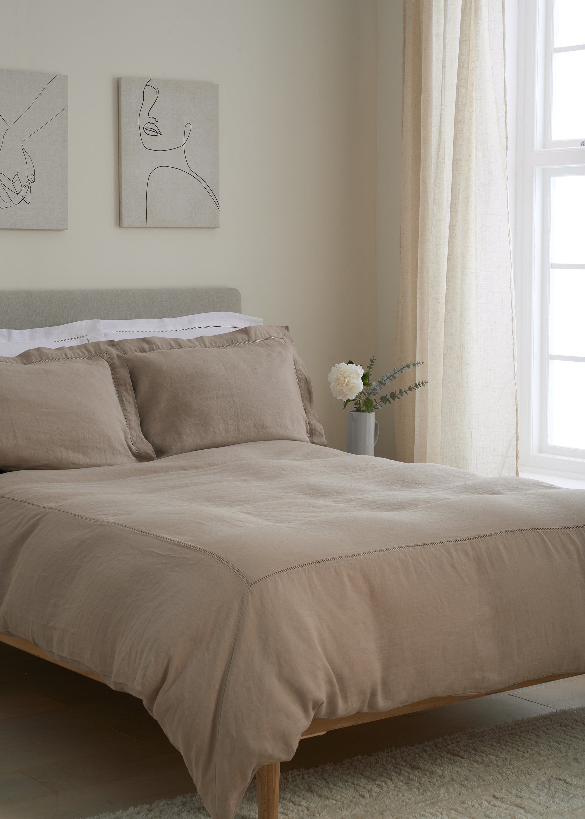 Mushroom Pure Linen Bedding | Ladder Detail Duvet Cover | Truly Uk