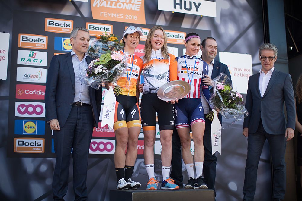 Race winner Anna van der Breggen (NED) of Boels-Dolmans Cycling Team, Evelyn Stevens (USA) of and Megan Guarnier (USA) of Boels-Dolmans Cycling Team stand on the podium of the Fl&egrave;che Wallonne Femmes