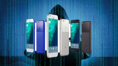 Google Pixel 1 against computer-code background.