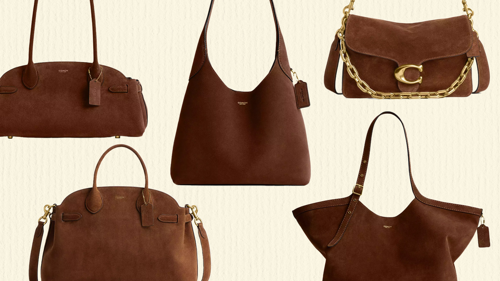 A collage of Coach bags. 