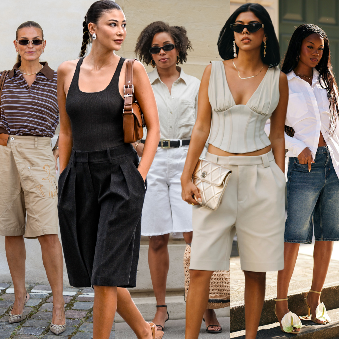 collage of women wearing bermuda shorts 