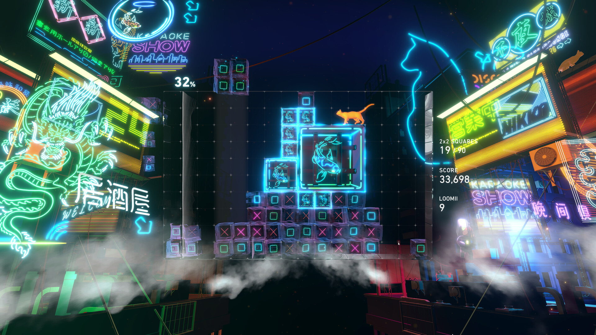 A screenshot of Lumines Arise, set in a neon-drenched city square