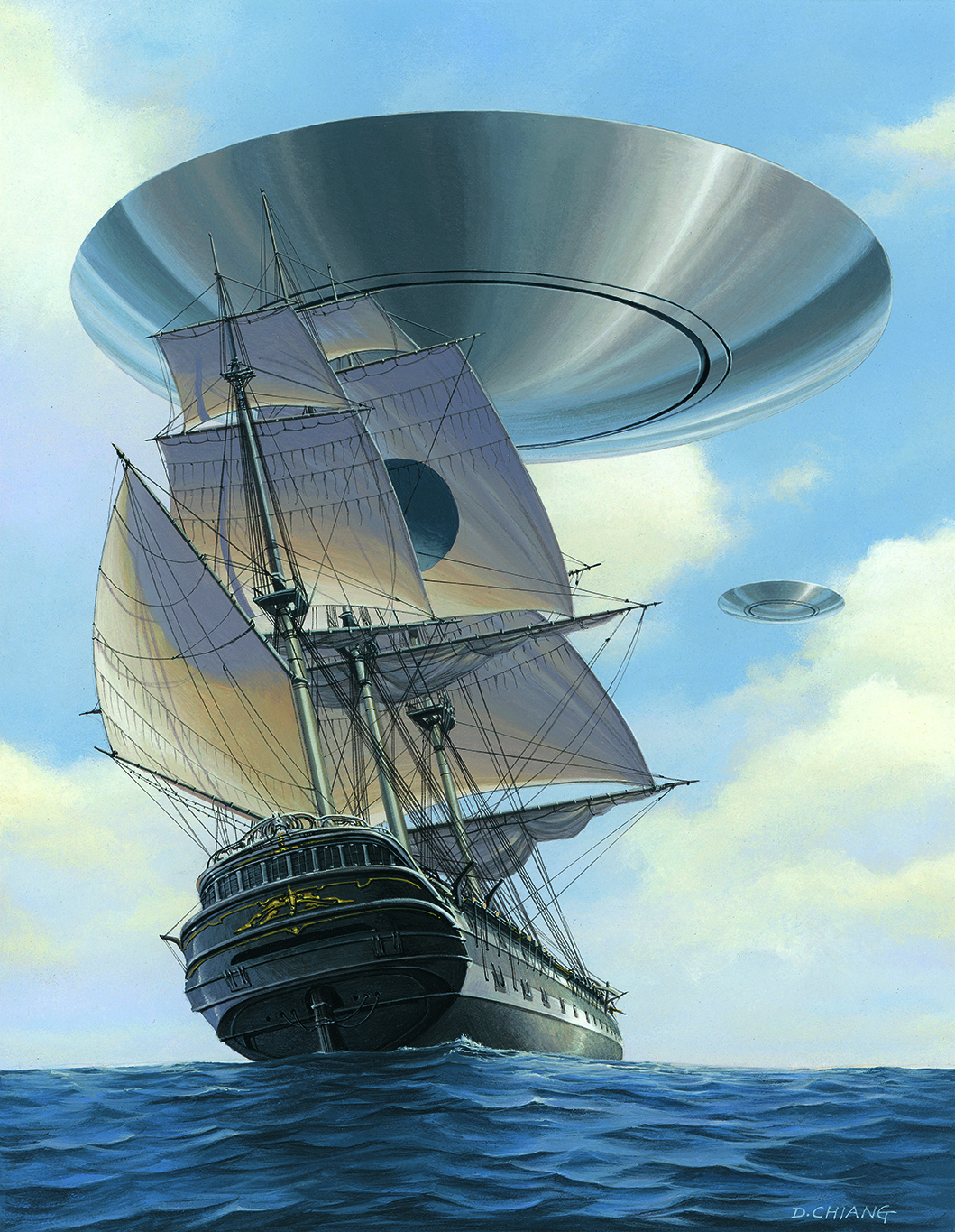 Platillo volador flotando sobre velero