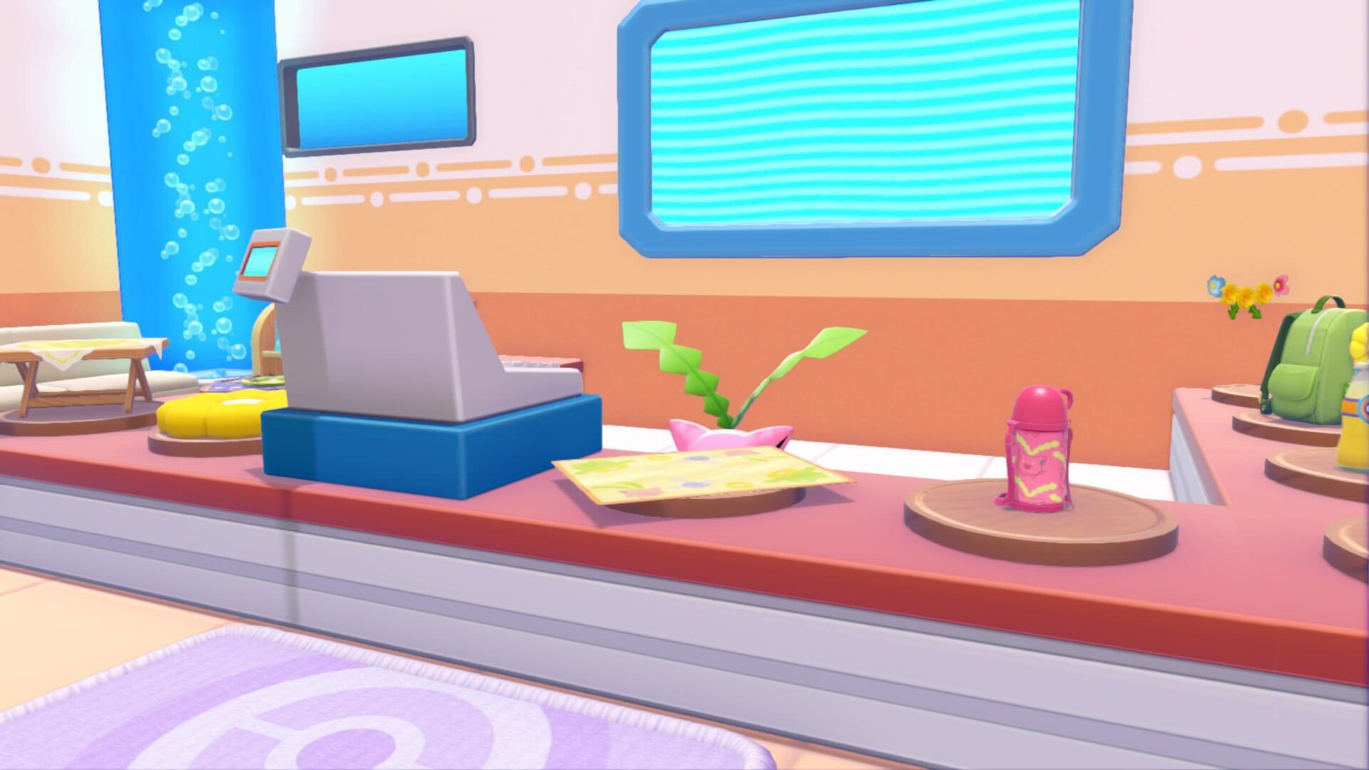 Hoppip behind the Pokemon Centre counter in Pokopia with just their leaves visible