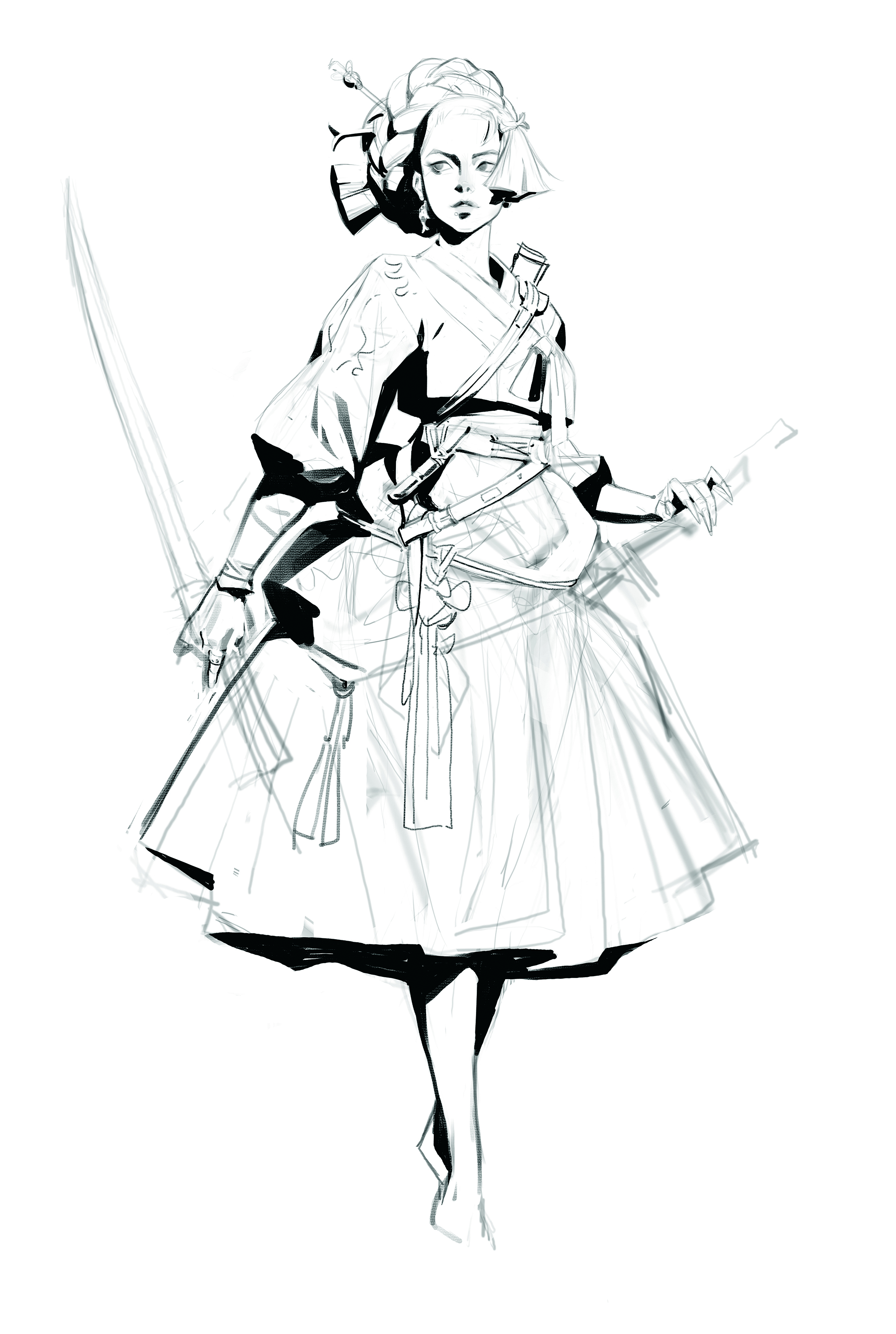 Digital art showing a woman dressed in traditional Korean costume with swords