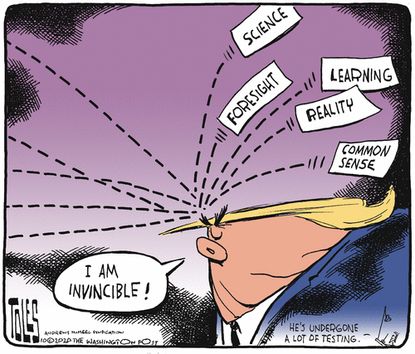 Political Cartoon U.S. Trump COVID invincible