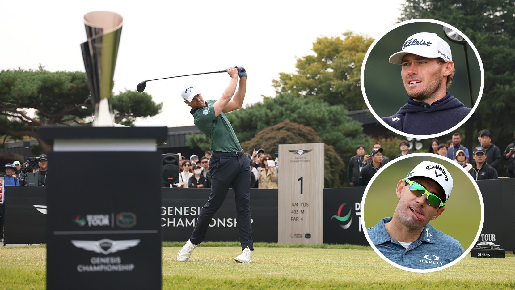 Main image of Thomas Detry teeing off from the first hole at the 2025 Genesis Championship with the trophy in the foreground plus inset images of Jordan Gumberg (top right) and Dylan Frittelli (bottom right)
