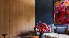 living room with honey oak built-in cabinets