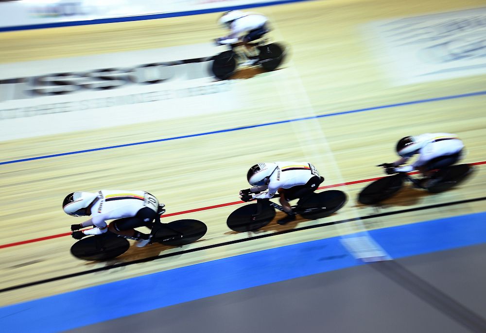 Germany's riders compete in the women's Team Pursuit at the UCI Track Cycling World Championships in Apeldoorn