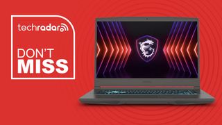 MSI Thin 15.6 gaming laptop on red background with TechRadar don't miss sign